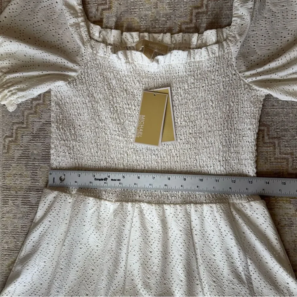 MICHAEL KORS NWT Size L White Eyelet Smocked Puff Sleeve Ruffle Hem Mini Dress